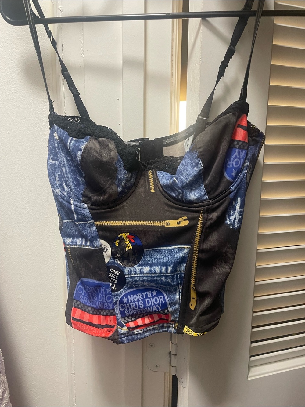 Dior Black and Blue Denim-Print Corset Top w john galliano trompe loeil